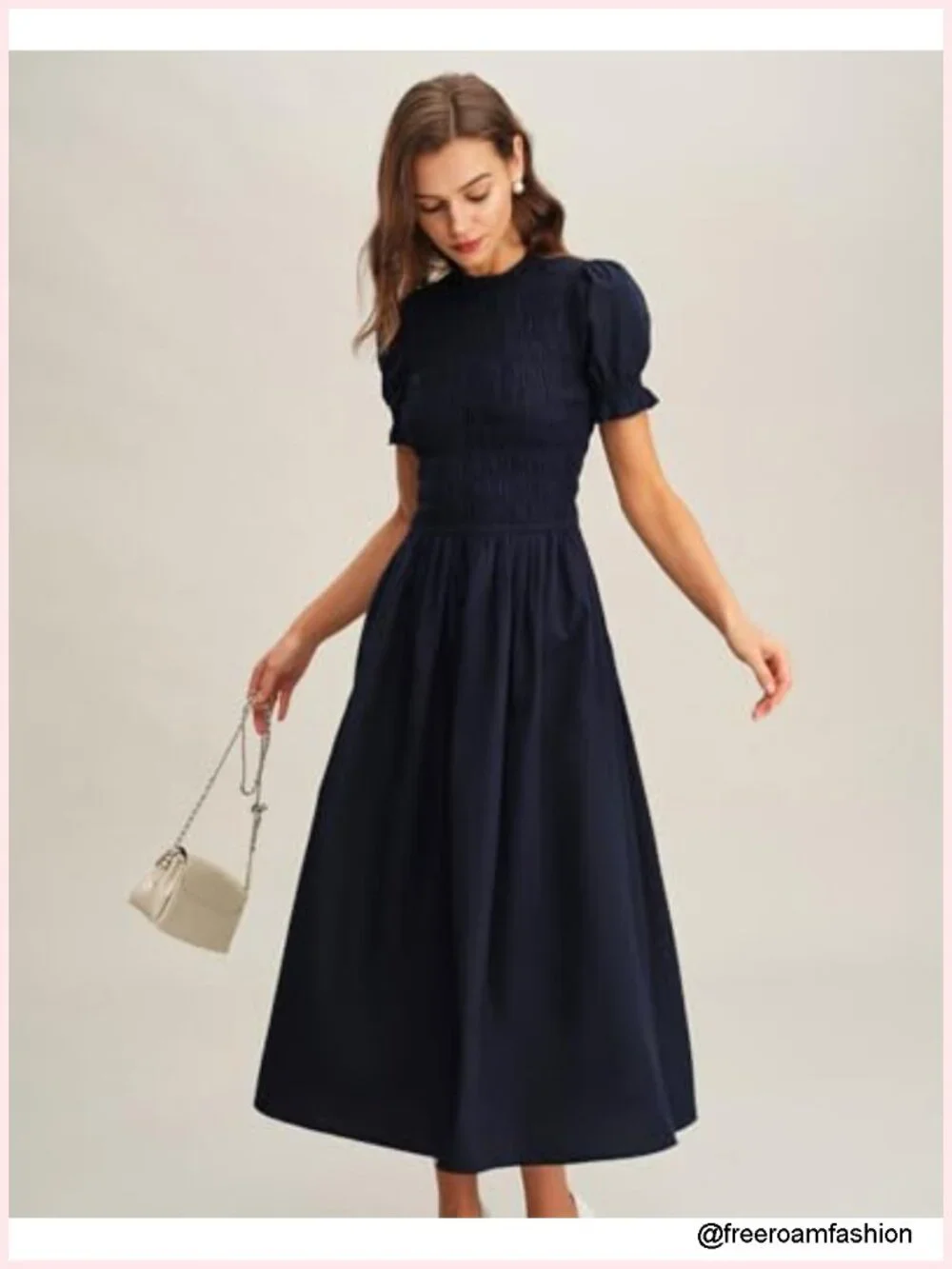 Plaid Gingham Midi Dress with Puff Sleeves, Smocked Bodice, A-Line, Vintage